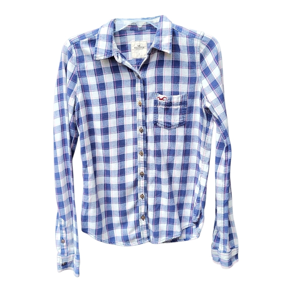 Hollister Womens Long Sleeve Blue White Pink Plaid Button-Down Shirt - Size S